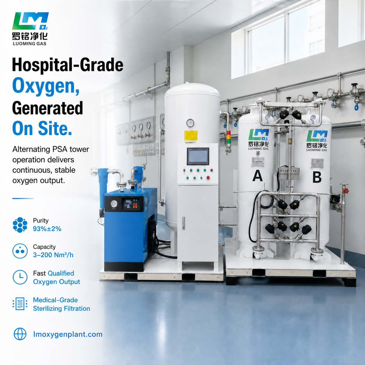 Luo Ming on-site PSA gas generation unit with integrated cylinder filling station and cylinder manifold in a plant room